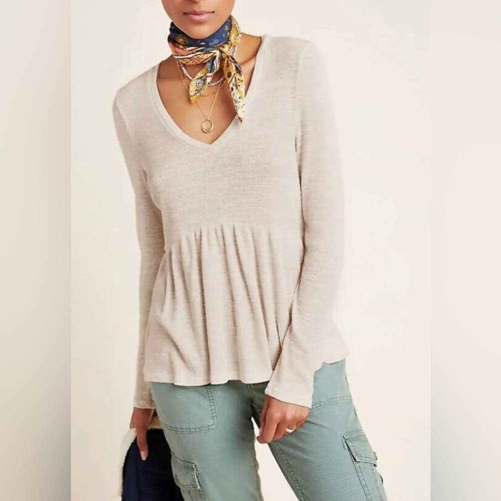 ANTHROPOLOGIE T.La Peplum Top WOMEN'S Small BEIGE V-Neck Jill Babydoll